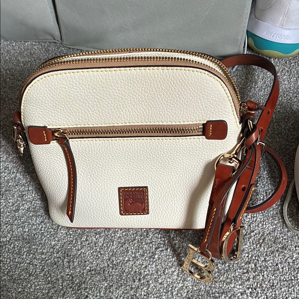 Dooney & Bourke Cream and Tan Crossbody Bag with Gold Hardware